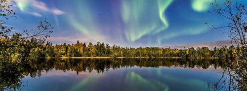 A serene lake reflects vibrant northern lights above a forested landscape under a starry sky.
