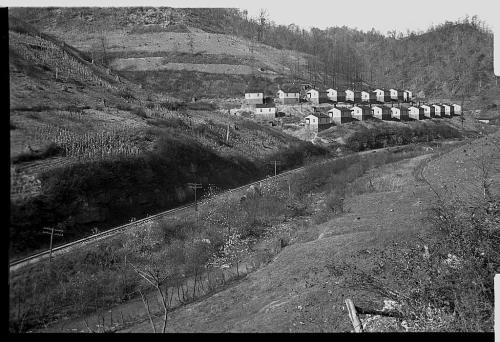 A black and white landscape featuring a hillside with small houses, a railway, and sparse vegetation.