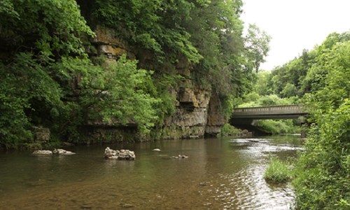 A serene river flows beside lush greenery and rocky cliffs, with a small bridge crossing over the water.
