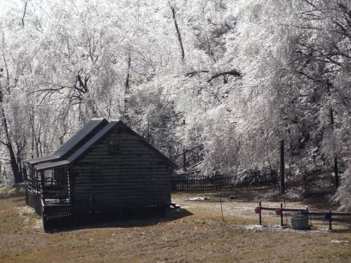 A rustic log cabin surrounded by trees coated in ice, creating a winter wonderland scene.
