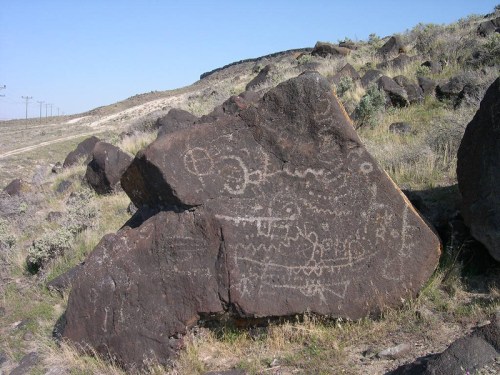 Petroglyphs etched on a large rock, surrounded by grass and hills under a clear blue sky.