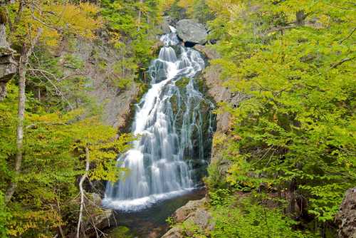 A serene waterfall cascades down rocky cliffs, surrounded by vibrant green trees and autumn foliage.