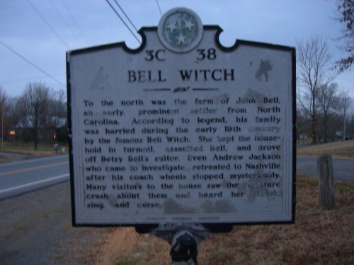 Historical marker about the Bell Witch legend, detailing John Bell's family and Andrew Jackson's involvement.