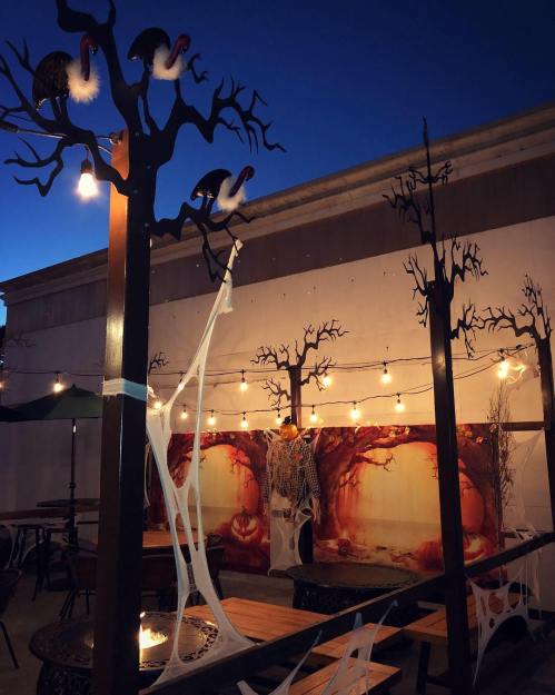 A dimly lit outdoor space with spooky trees, string lights, and Halloween decorations, creating a festive atmosphere.