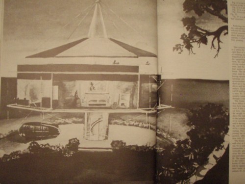 Illustration of a futuristic building design with a circular structure and surrounding landscape.