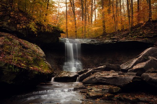 A serene waterfall cascades over rocks, surrounded by vibrant autumn foliage in a tranquil forest setting.
