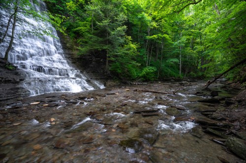 A serene waterfall cascades down rocky steps, surrounded by lush green trees and a tranquil stream below.
