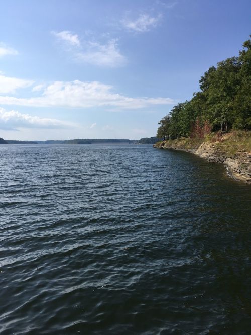 A serene lake view with gentle waves, surrounded by lush greenery and a clear blue sky.