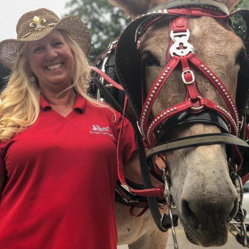 A smiling woman in a straw hat stands next to a horse wearing a red harness, both looking cheerful.