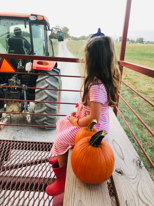 A girl in a striped dress sits on a wagon with a pumpkin, watching a tractor on a rural path.