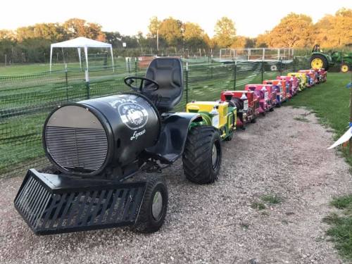 A row of colorful toy tractors lined up behind a larger black tractor on a gravel path in a grassy area.