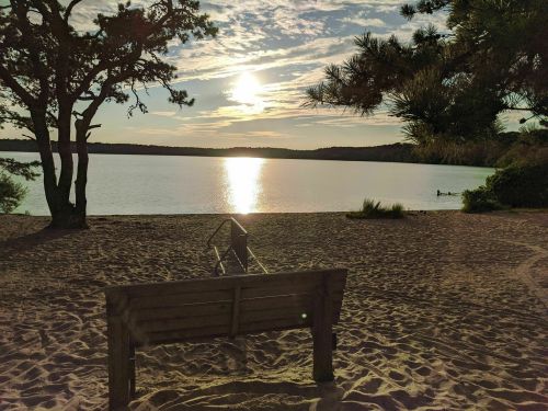 A serene beach scene at sunset, featuring a wooden bench facing a calm lake and a colorful sky.