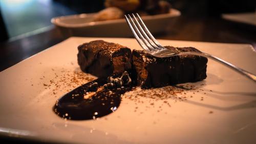 A slice of chocolate dessert on a plate, drizzled with chocolate sauce and garnished with cocoa powder, with a fork beside it.