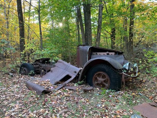 An old, rusted truck partially covered in leaves, surrounded by trees with autumn foliage.