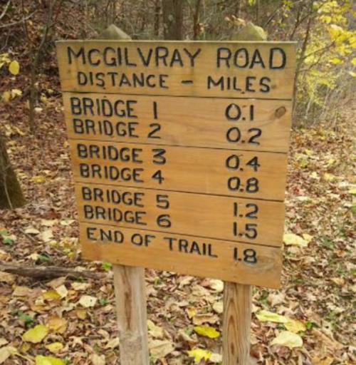 Wooden trail sign listing distances to various bridges and the end of the trail on McGilvray Road.