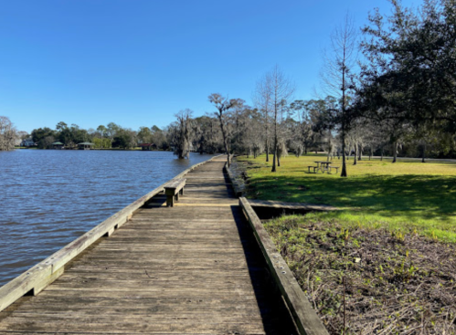 A wooden pier extends along a calm lake, surrounded by trees and a grassy area under a clear blue sky.