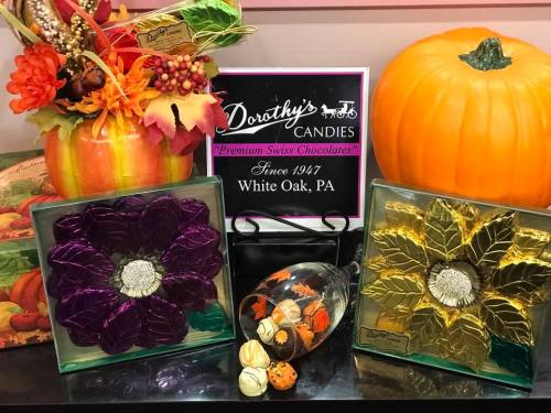 A display featuring colorful autumn decorations, a pumpkin, and boxes of chocolates from Dorothy's Candies in White Oak, PA.