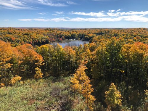 A vibrant autumn landscape featuring colorful trees surrounding a serene lake under a clear blue sky.