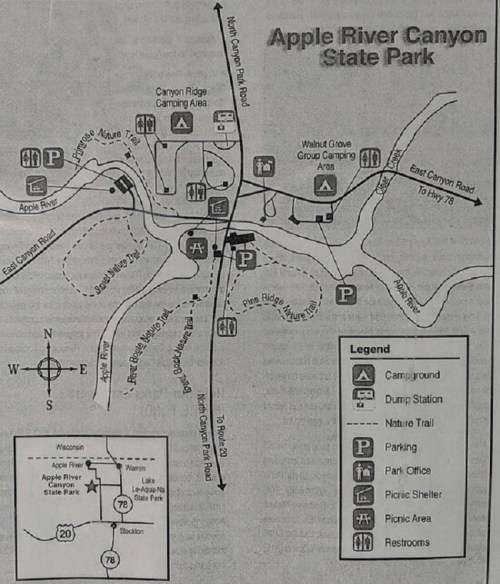 Map of Apple River Canyon State Park, showing trails, campgrounds, parking, and facilities.