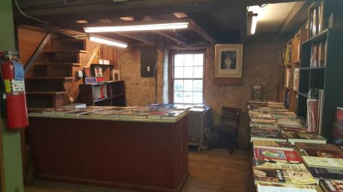 Cozy bookstore interior with wooden shelves, a counter, and a window, filled with various books and warm lighting.