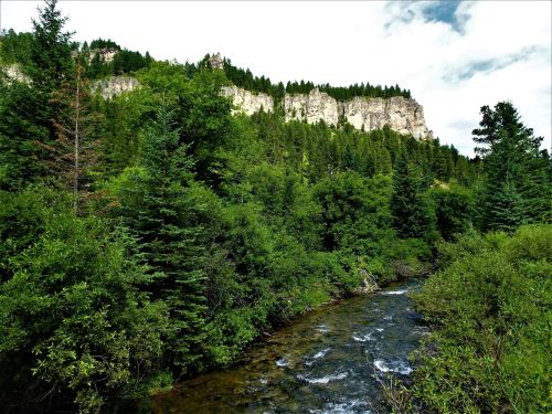A serene river flows through lush greenery, with towering cliffs and trees in the background under a cloudy sky.