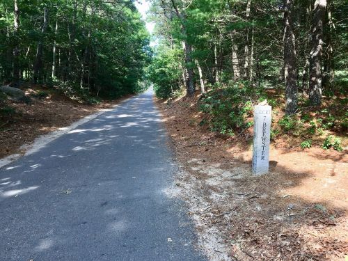 A paved path through a wooded area, with a stone marker labeled "CCRI 7 Brewster" on the side.