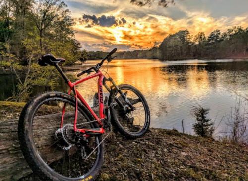 A mountain bike rests on a log by a serene lake at sunset, with vibrant clouds reflecting on the water.