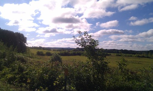A scenic landscape featuring green fields, distant hills, and a bright blue sky with fluffy clouds.