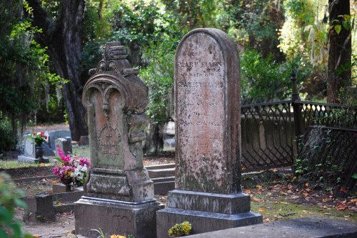 Two weathered gravestones in a serene cemetery, surrounded by greenery and flowers.