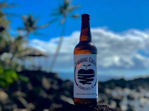 A bottle of Paradise Cider from Honolulu, HI, set against a tropical beach backdrop with palm trees and blue skies.