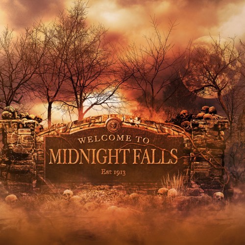 A spooky sign reading "Welcome to Midnight Falls" surrounded by eerie trees and a foggy, ominous atmosphere.