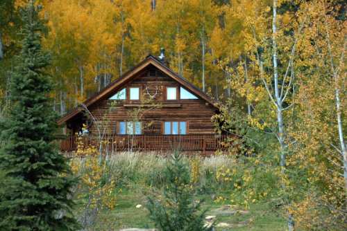 A rustic wooden cabin surrounded by vibrant autumn foliage and tall trees.