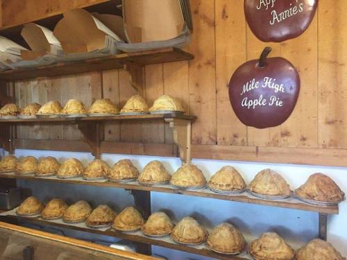 A display of freshly baked apple pies on wooden shelves in a rustic setting.