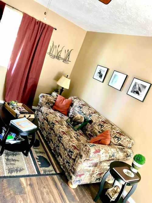 Cozy living room with a patterned sofa, orange cushions, a lamp, and framed pictures on the wall.
