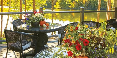 A serene lakeside patio with a table adorned with flowers and pumpkins, surrounded by trees and water.