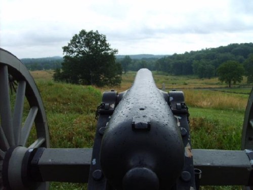 A close-up of a cannon on a grassy field, with a cloudy sky and distant trees in the background.
