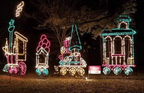 Colorful holiday light display featuring a train and festive decorations in a nighttime setting.