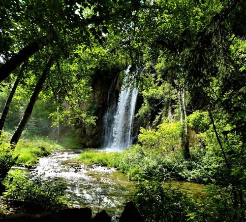 A serene waterfall cascades down rocky cliffs, surrounded by lush green trees and a tranquil stream.