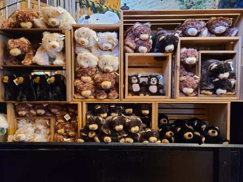 A display of various stuffed bears in different colors, arranged in wooden boxes.