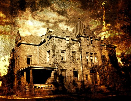 A vintage-style image of a large, ivy-covered stone mansion under a dramatic, cloudy sky.