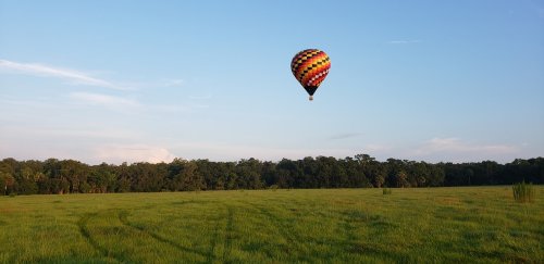 A colorful hot air balloon floats above a green field under a clear blue sky.