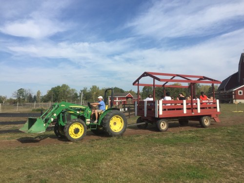 A green tractor pulls a red wagon with people on a farm, set against a clear blue sky and green fields.