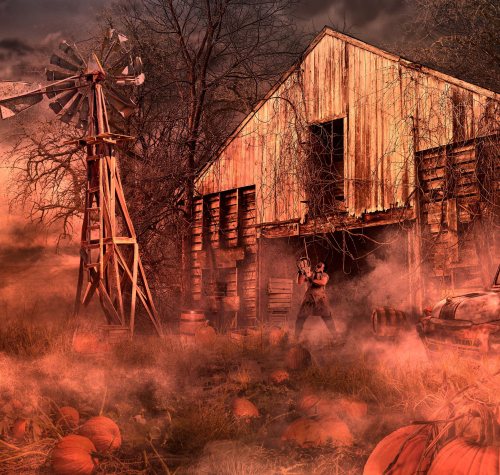 A spooky scene featuring a weathered barn, a windmill, and scattered pumpkins under a dark, foggy sky.