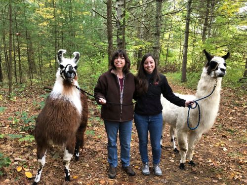 Two women stand in a forest, each holding a llama on a leash, surrounded by trees and autumn leaves.