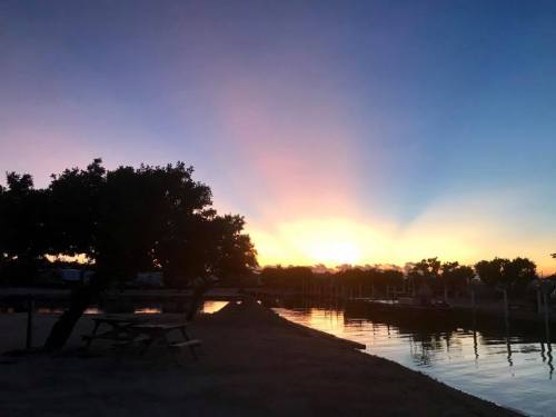 Sunset over a calm waterway, with silhouettes of trees and a picnic table in the foreground.