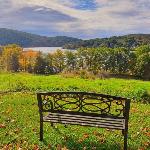 A metal bench overlooks a serene lake surrounded by colorful autumn trees and rolling hills under a cloudy sky.