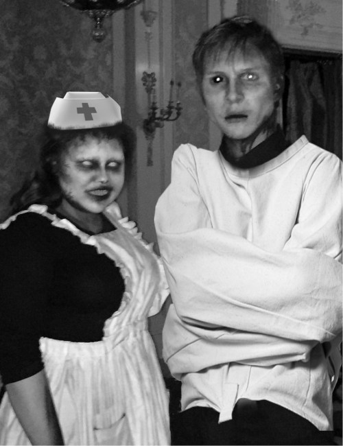 A spooky black-and-white image of a ghostly nurse and a restrained figure in a straitjacket, both with eerie expressions.