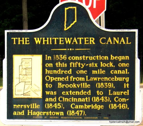 Historical marker about the Whitewater Canal, detailing its construction and extensions from 1836 to 1847 in Indiana.