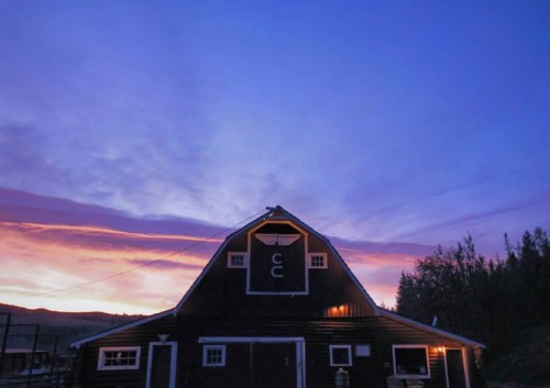 A black barn silhouetted against a vibrant sunset sky with purple and orange hues.