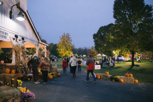 A lively autumn scene with people walking through a festival, surrounded by pumpkins and colorful fall decorations.